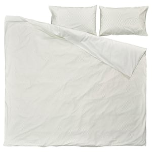 A BANDKNIPPE bedding set with green woven patterns on a white background, made of 100% cotton, featuring a duvet and two pillows.