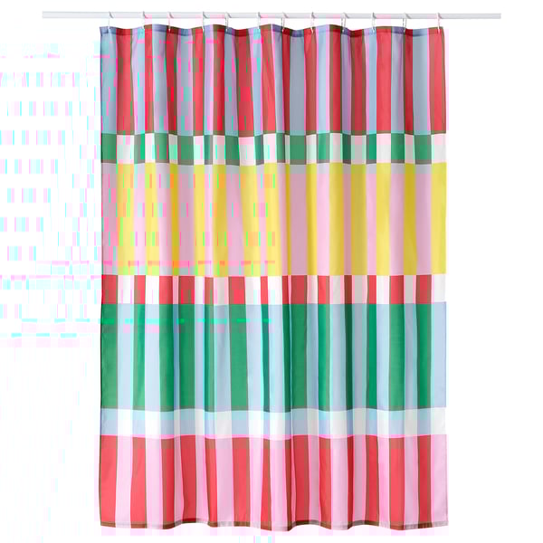 BANJANTRÄD shower curtain. Multi-color blocks. Recycled polyester. Rectangular shape. Fresh bathroom decor.