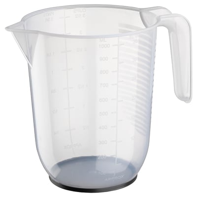 Blue-accented transparent measuring jug with milliliter markings.