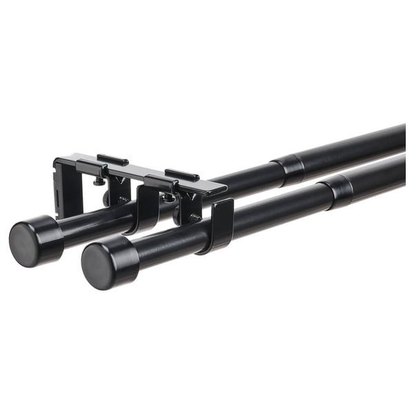 Black BEKRÄFTA curtain rod set, including rods, finials, wall brackets, and connectors. Modern design, sturdy steel construction.