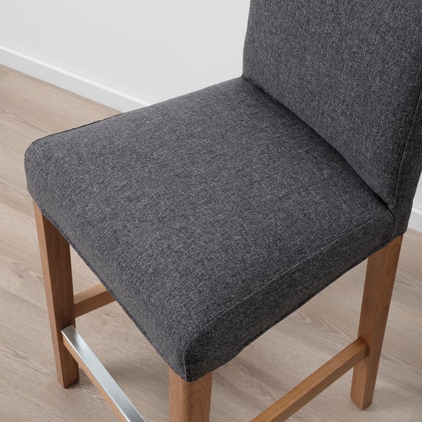 A grey upholstered bar stool with wooden legs, placed on a light wooden floor. It appears sturdy, comfortable, and elegantly designed.