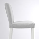 Light grey fabric-covered chair with white metal legs, cushioned seat and backrest, providing comfort and support. Ideal for dining or desk use.