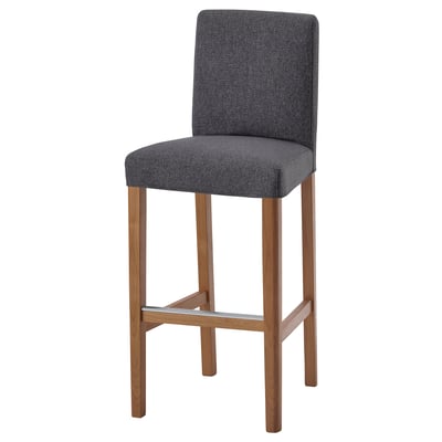 BERGMUND gray barstool: upholstered seat & high back, wooden legs, modern design.