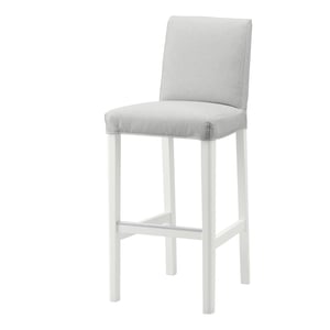 BERGMUND barstool: grey upholstery, white metal legs, cushioned seat and back for comfort.