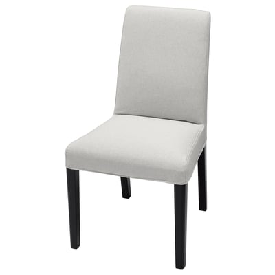 BERGMUND grey chair: modern, light grey, upholstered, high back, black legs.