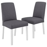 Two grey fabric dining chairs with white legs, modern design, comfortable cushions.