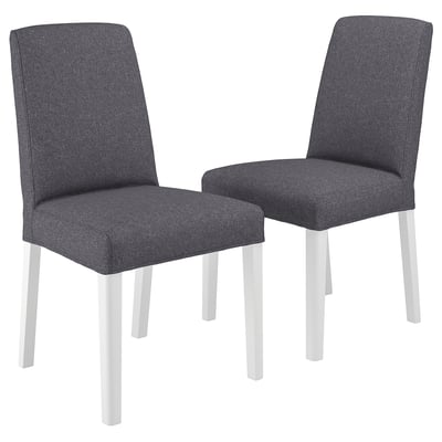 Two grey fabric dining chairs with white legs, modern design, comfortable cushions.
