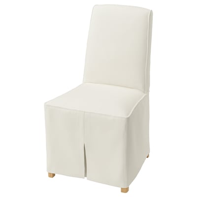 A BERGMUND chair in white. Its sleek, modern, with a high back and square seat. Cover is made of cotton.