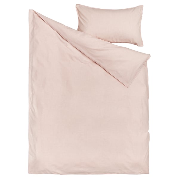 BERGPALM duvet set in light pink with subtle stripes, 100% cotton, rectangular, simple vintage design.