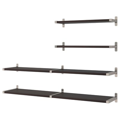 Four rustic black wall shelves with metal brackets arranged in a row.