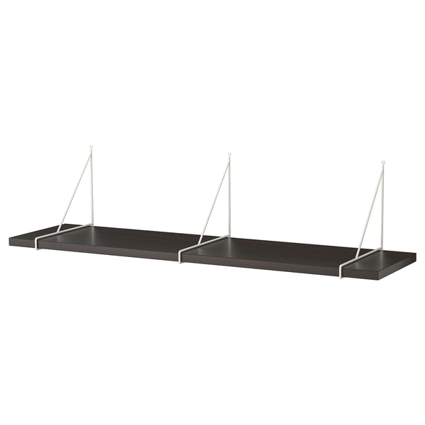 A BERGSHULT wall shelf in dark grey with white metal brackets. It has a sleek, modern design with beveled and smooth edges.