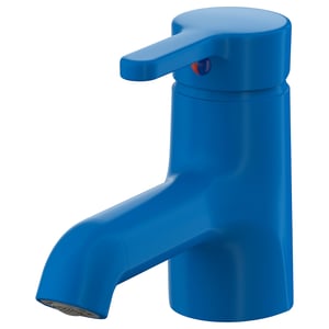 Bright blue tap with sleek design, curved handle, and metallic nozzle.
