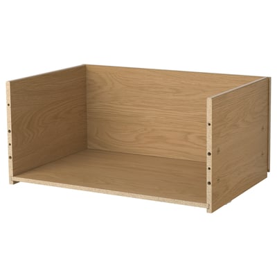 Ikea BESTÅ wooden drawer frame, natural finish, rectangular shape, simple design, particleboard and foil material.