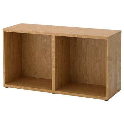Main product: BESTÅ, natural wood, storage unit, open shelves, adjustable feet, rectangular.