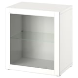BESTÅ white storage unit; rectangular shape, glass shelf, minimalist design.