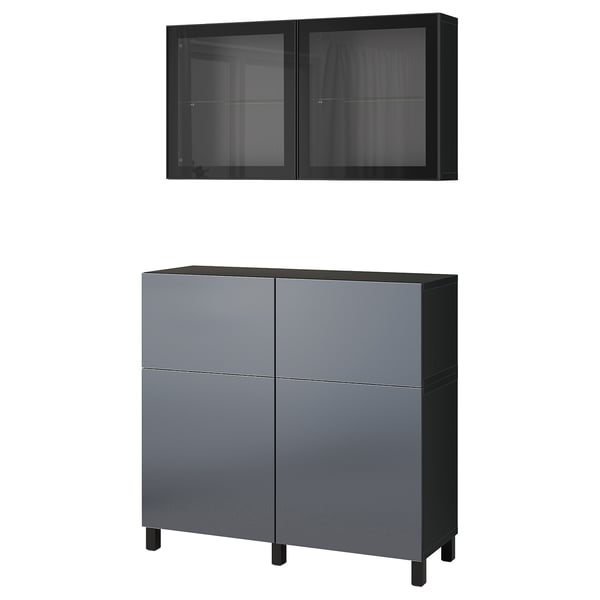 Two pieces of modern furniture: a dark grey cabinet with drawers and glass-fronted wall cabinet.