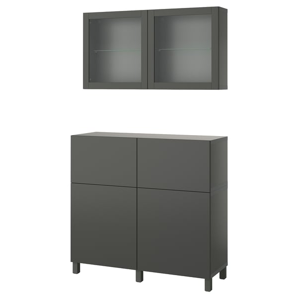 Dark grey ikea BESTÅ storage furniture, including a cabinet and wall-mounted glass-door units.