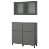 A dark grey BESTÅ furniture set with a storage cabinet and wall-mounted glass doors.