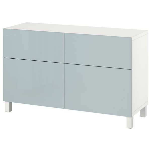 Light blue and white BESTÅ sideboard with four drawers and square legs.