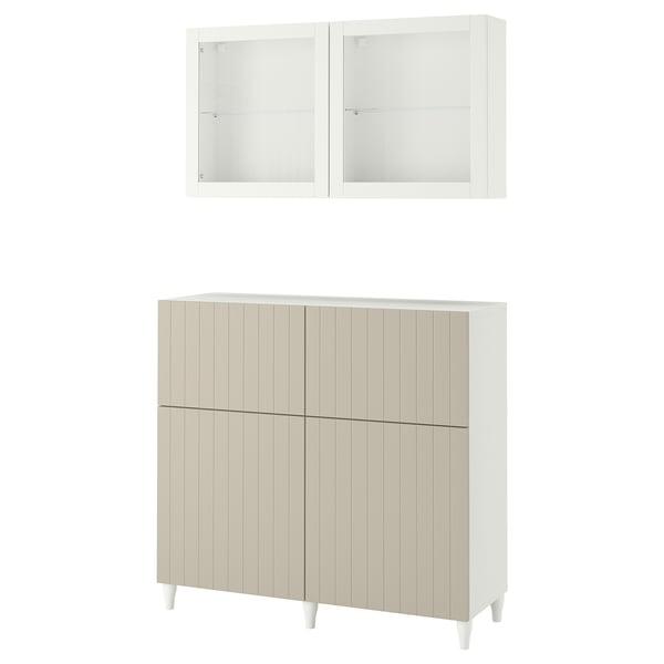 BESTÅ unit: modern off-white cupboard with 4 doors, 2 shelves, 2 drawers, and glass doors, ideal for storage and display.