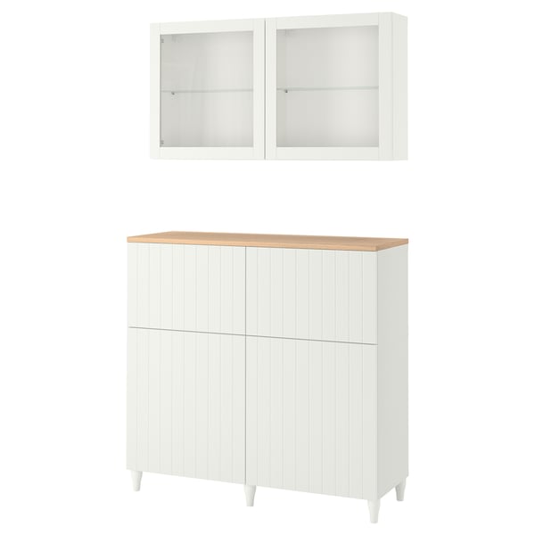 White BESTÅ cabinet set: 2 glass-door wall units, 1 wide sideboard with wooden top, vertical grooves, sturdy legs.