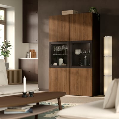 BESTÅ Storage combination w glass doors, black-brown Lappviken/brown walnut effect, 120x42x193 cm