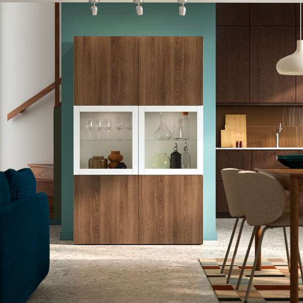 BESTÅ Storage combination w glass doors, white Lappviken/Sindvik walnut effect, 120x42x193 cm