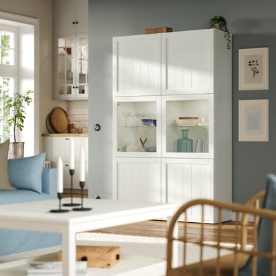 BESTÅ Storage combination w glass doors, white/Pipmakare white, 120x42x193 cm