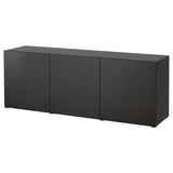 A BESTÅ black sideboard with three square doors, made of particleboard and fiberboard, featuring a modern, minimalist design.