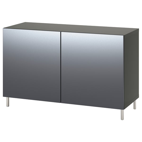 Modern grey cabinet with two doors, metal legs, sleek design.
