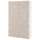The BESTÅ cabinet four beige marble-textured doors and a white frame, offering stylish and functional storage.