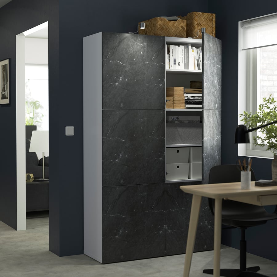 BESTÅ storage combination with doors, white Bergsviken/black marble effect, 120x42x193 cm IKEA