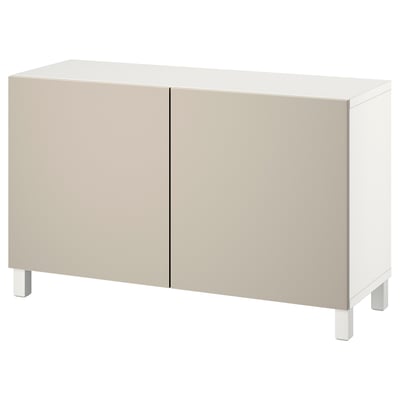 BESTÅ sideboard, beige and white, rectangular shape, two doors, four legs.