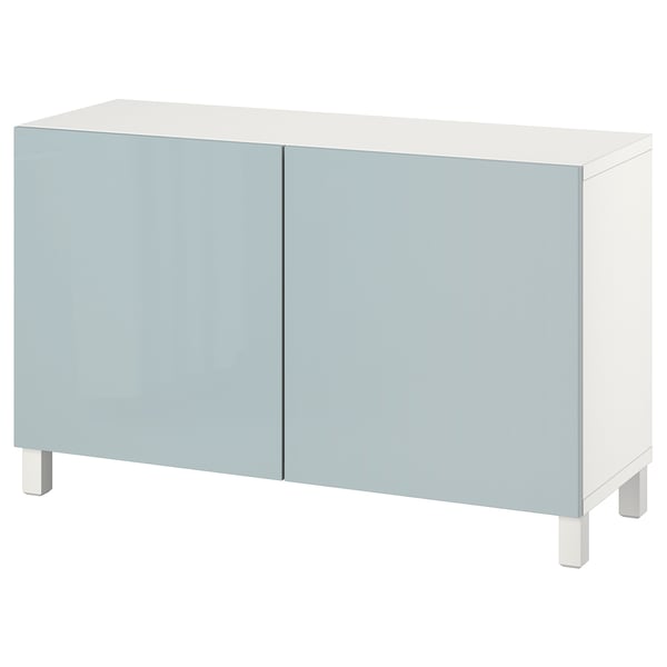 Displays a light blue and white BESTÅ sideboard with two doors and adjustable shelves, offering ample storage.