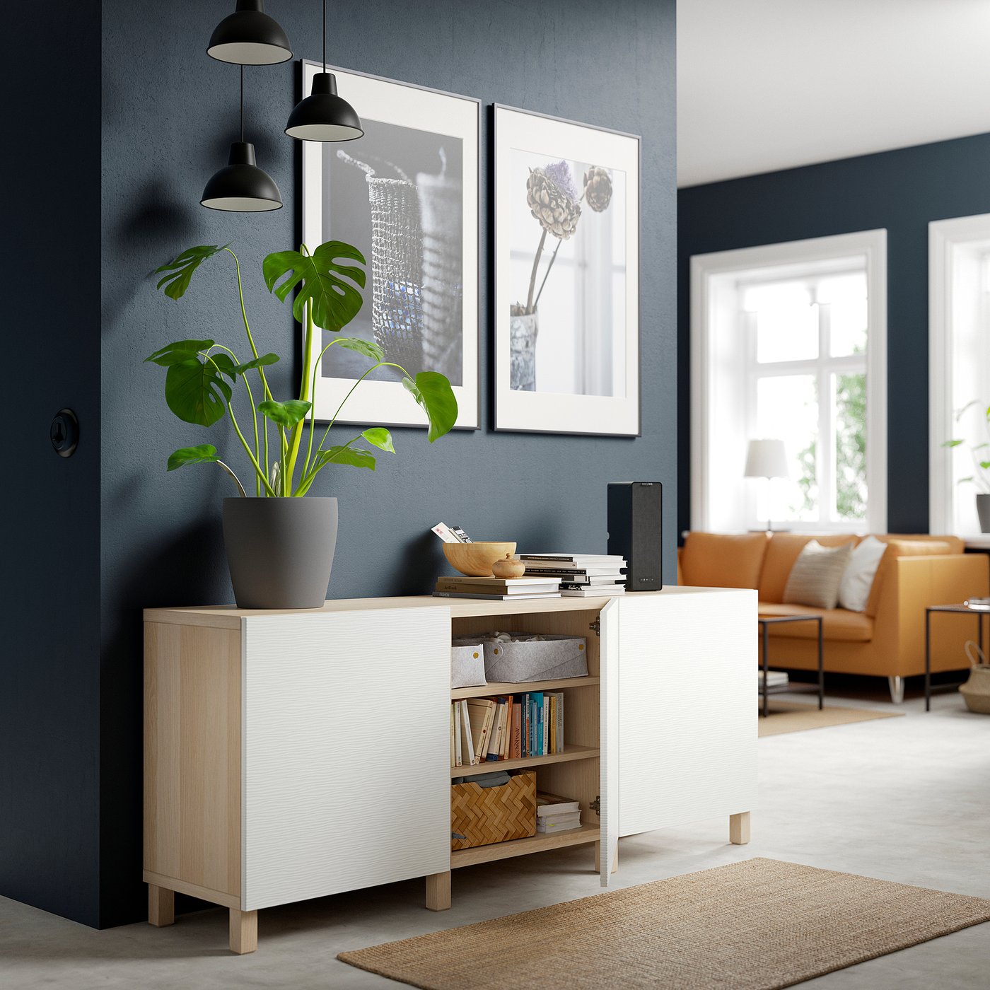 BESTÅ storage combination with doors, white stained oak effect