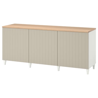 Modern BESTÅ sideboard in white & oak, rectangular shape, storage unit with adjustable shelves.