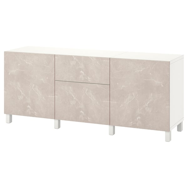 Beige BESTÅ sideboard with 4 doors, 2 drawers, metallic legs, flat top for display.