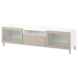 An ikea BESTÅ tv bench in white with beige accents, made of particleboard and glass, displaying a modern and minimalist design.