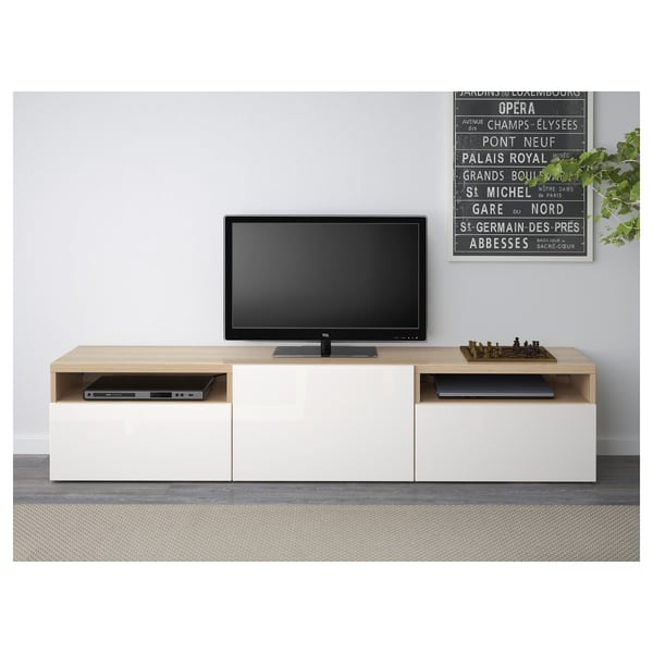 Besta Tv Bench White Stained Oak Effect Selsviken High Gloss White Ikea Ireland