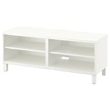 White BESTÅ tv stand, rectangular shape, open storage, minimalist design.