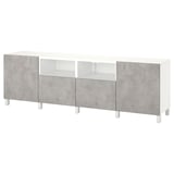 Modern BESTÅ tv unit, white top, grey concrete effect doors, adjustable shelves, soft-close drawers.