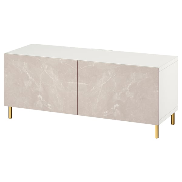 Modern BESTÅ tv stand: white top, beige marble-look drewdoors, soft-close, gold legs.