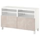 This image a white and marble-textured BESTÅ tv bench with open shelves and marble-patterned doors.
