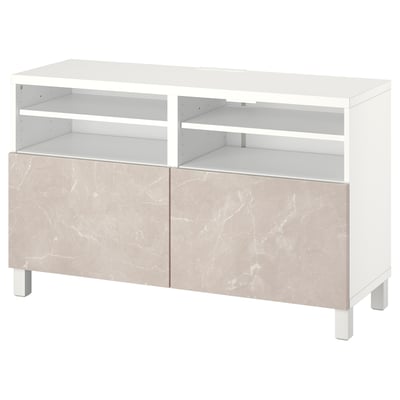 This image a white and marble-textured BESTÅ tv bench with open shelves and marble-patterned doors.