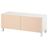 Modern white tv bench with light wooden fluted doors, four metal legs, and adjustable shelves.