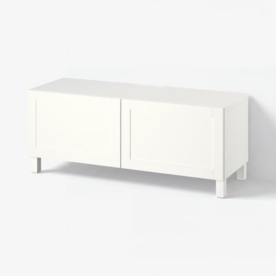 BESTÅ TV bench with doors, white Hanviken/Stubbarp/white, 120x42x48 cm