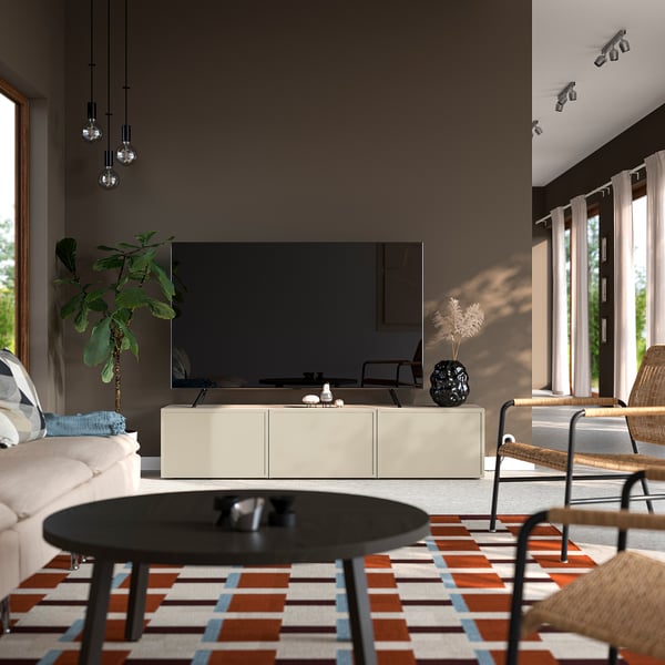 BESTÅ TV bench with doors, white stained oak effect/Krukmakare beige, 180x42x38 cm