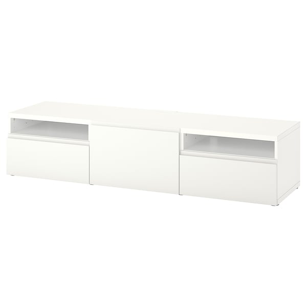 Ikea BESTÅ white tv bench, modern minimalist design with drawers for storage.