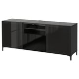 Modern black glass tv stand with sliding doors, shelves, and metal legs for sleek storage.