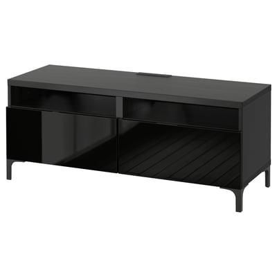 Black BESTÅ tv stand, sleek modern design with open shelves and cable management.